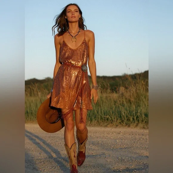 Copper Color Sequin and Beadwork Mini Dress lined holiday bling - Picture 3 of 14